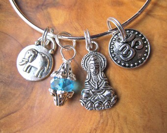 Buddha Bracelet- Good Karma-  Adjustable Bracelet with Buddha, Om, Lucky Elephant and Turquoise Crystal - Buddhism, Yoga Jewelry