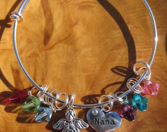 Christmas - NANA - Adjustable Bangle Bracelet - All My Angels- Personalize -Choose all the birthstones for Nana- Great Holiday Gift