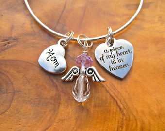 Christmas - Memory Bracelet - Mom- A Piece of My Heart is in Heaven  - Adjustable Bangle Bracelet - Choose any Birthstone Angel