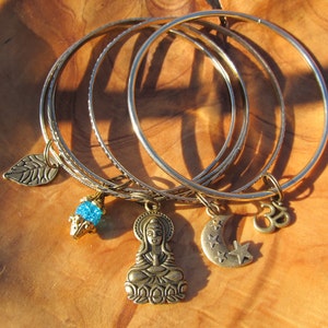 Buddha Bangle Bracelet Set with Buddha, Om, Leaf, Moon and Star and Turquoise Dangle, Zen, Yoga Jewelry, Buddhism,