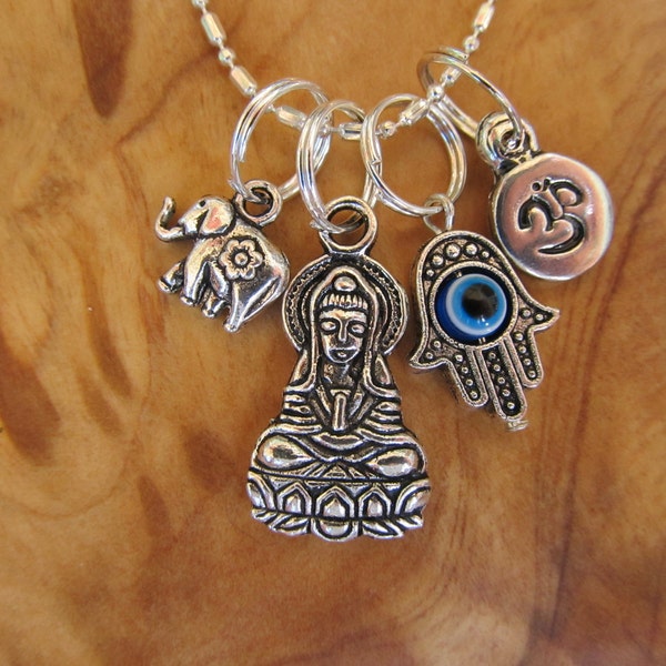 Buddha, Hamsa with Evil Eye, Om and Lucky Elephant Protection Charm Necklace, Yoga Jewely, Zen, Spiritual, Buddhism
