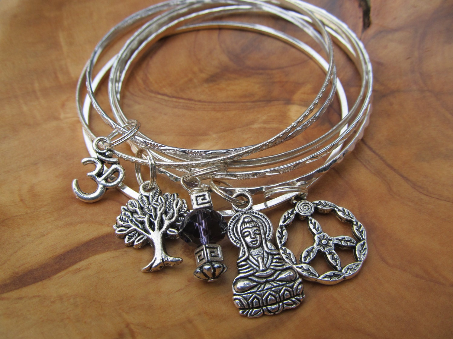 PEACE Buddha Bangle Bracelet Set With Buddha, Tree of Life, Om, Peace ...