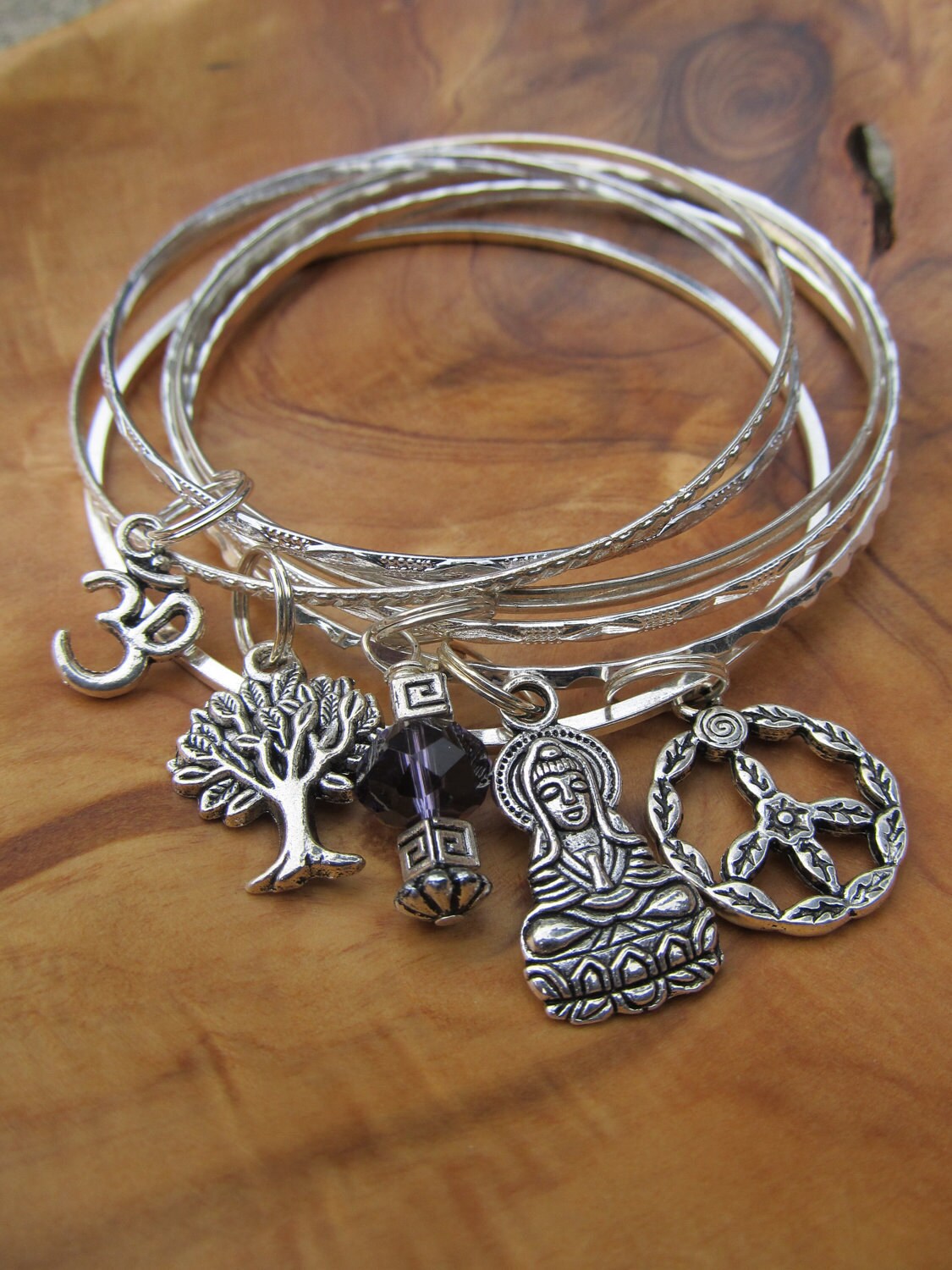PEACE Buddha Bangle Bracelet Set With Buddha, Tree of Life, Om, Peace ...