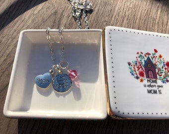 Mother's Day - Trinket Box - Home is Where your Mom is with Family Necklace - A Family's Love is Forever - Choose any Swarovski Color