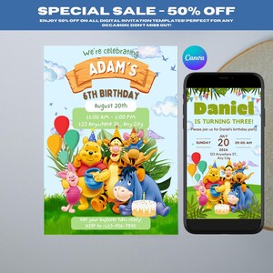 Editable Winnie Birthday Invitation Template - Cute Kids Party Invite, DIY Design & Personalize, Instant Download for Fun Celebrations