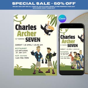 Pacote de convites de aniversário editáveis Wild Kratts - Tema de aventura na floresta 2 em 1, convite para festa infantil, download digital, cartão de aniversário divertido