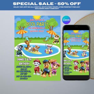 Einladungskarte zur Poolparty mit kleinen Hunden Bearbeitbare digitale Einladung für Kindergeburtstag, lustiges Canva druckbares und sofortiges Downloadgeschenk