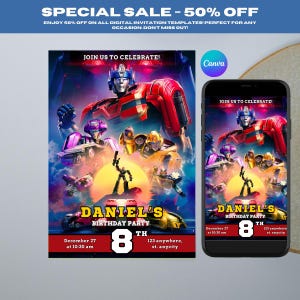Einladung zur Geburtstagsparty zu ""Rescue Bots"", druckbare digitale Vorlage 5 x 18 cm, sofortiger Download für ein lustiges Geschenk für Kinder."