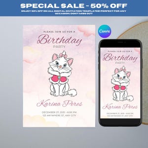 編集可能なおしゃれキャットの誕生日招待状テンプレート、女の子の誕生日パーティーのためのかわいいデジタル招待状、印刷可能、ダウンロード可能なギフト