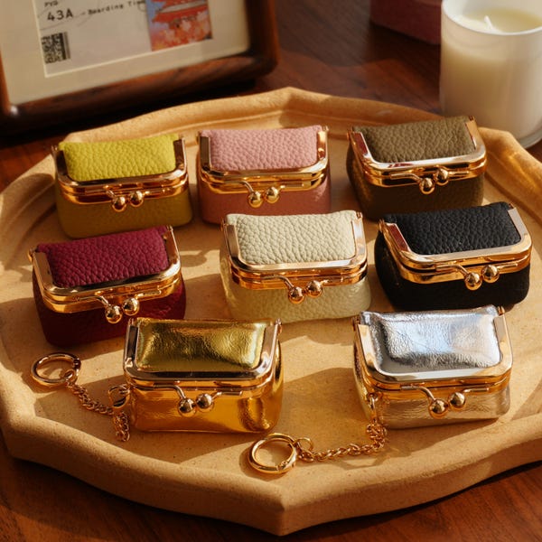 Genuine Leather Mini Jewelry Box, Small Jewelry Case, Coin Purse with Kiss Lock, Portable Travel Mini Jewelry Case Organizer