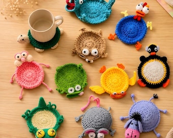 Handmade Animal Crochet Coaster, Funny Mug Rug, Cute Turtle Frog Duck Penguin Mouse Lizard Crochet Coaster, Kawaii Desk Decor