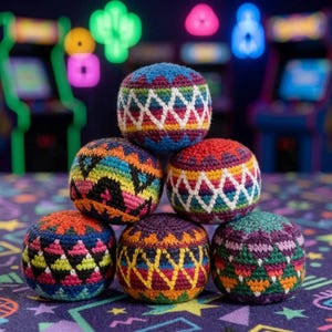Könnte beinhalten: Ein Stapel von sechs bunten Hacky-Säcken. Jeder Ball hat ein einzigartiges Muster aus leuchtenden Farben, darunter Blau, Rot, Orange und Grün, mit geometrischen Designs. Der Hintergrund zeigt Spielautomaten und Neonlichter.