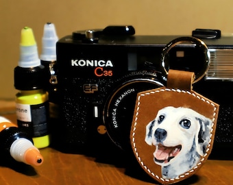 Etiqueta de cuero para bolso con retrato de mascota pintado a mano, cuero cosido a mano, dije de cuero curtido vegetal, regalo conmemorativo único y personalizado para perros y gatos.