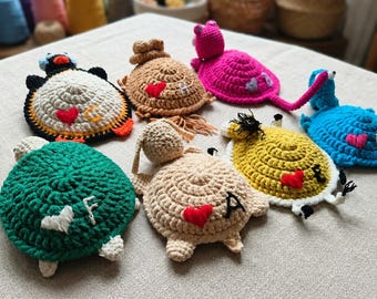 Handmade Animal Crochet Coaster, Funny Mug Rug, Cute Turtle Frog Duck Penguin Mouse Lizard Crochet Coaster, Kawaii Desk Decor