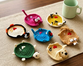 Handmade Animal Crochet Coaster, Funny Mug Rug, Cute Turtle Frog Duck Penguin Mouse Lizard Crochet Coaster, Kawaii Desk Decor