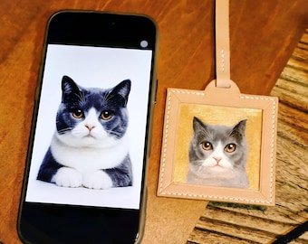Dije de retrato de mascota de cuero pintado a mano: Etiqueta personalizada para bolso de perro o gato