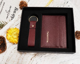 Tarjetero de cuero personalizado, tarjetero personalizado para él y ella, set de viaje, regalo de boda.