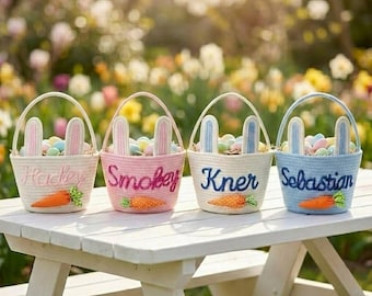 Canasta de Pascua personalizada para niños, canasta con nombre personalizado, canasta de regalo de algodón para bebé, canasta de búsqueda de huevos de Pascua, regalo para baby shower, canasta de conejito
