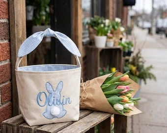 Canasta de Pascua personalizada, nombre bordado, canasta de conejo, canasta de búsqueda de huevos de Pascua, regalo de Pascua para niños