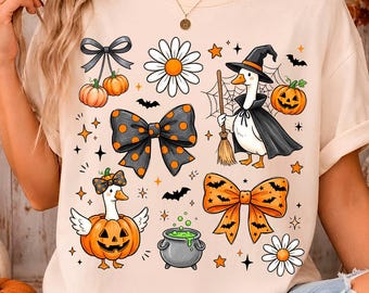 Spooky Halloween Goose PNG Fall Coquette Bow Sublimation Funny Witchy Goose Shirt Design