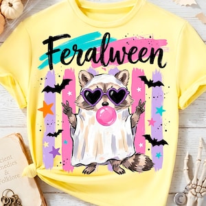 Feralween Raccoon PNG Funny Halloween Retro Striped Sublimation Brushstroke Ghost Bubblegum Shirt Design