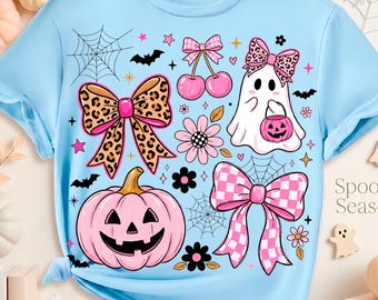 Pink Halloween PNG Leopard Checkered Coquette Bow Ghost Pumpkin Sublimation Cute Girly Spooky Shirt Design