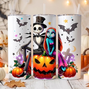 Halloween Jack Sally Tumbler Wrap PNG Digital File Nightmare Before Christmas Pumpkin Bat Spooky 20oz Skinny Cup Sublimation Design