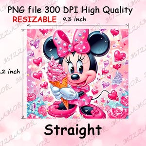 Peut inclure: Illustration num&eacute;rique de Minnie Mouse tenant une glace rose, entour&eacute;e de c&oelig;urs et de fleurs. L'image mesure 23,6 cm de large et 20,8 cm de haut, avec le mot "Straight" en bas.