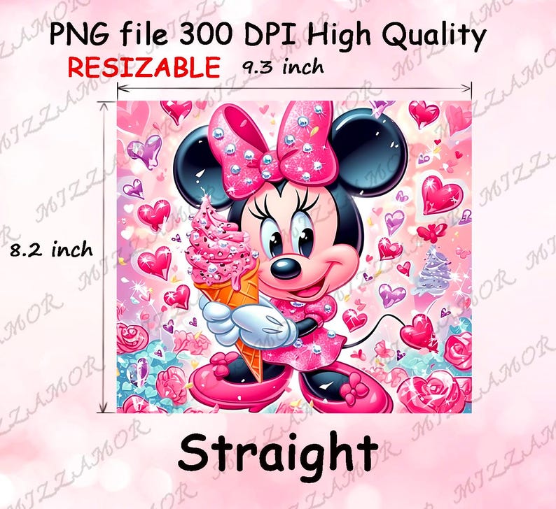 Peut inclure: Illustration num&eacute;rique de Minnie Mouse tenant une glace rose, entour&eacute;e de c&oelig;urs et de fleurs. L'image mesure 23,6 cm de large et 20,8 cm de haut, avec le mot "Straight" en bas.