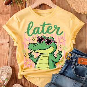 Retro alligator PNG design for summer shirt with playful Later Gator quote and trendy cartoon style