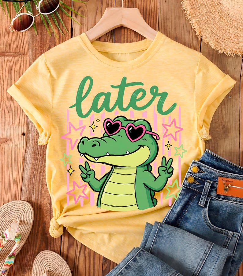 Retro alligator PNG design for summer shirt with playful Later Gator quote and trendy cartoon style