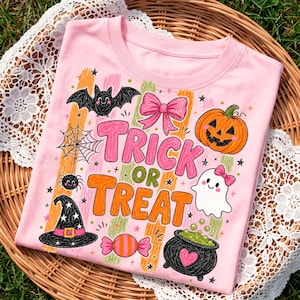 Trick or Treat Halloween shirt design with ghost and pumpkin