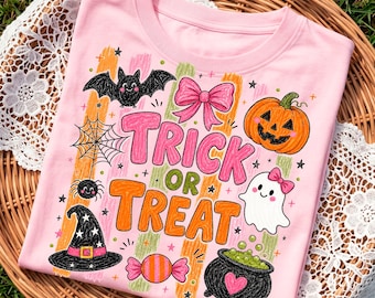 Trick or Treat PNG Striped Brushstroke Halloween Sublimation Trendy Ghost Pumpkin Shirt Design