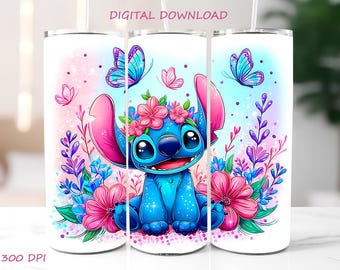 Floral Stitch Tumbler Wrap PNG Watercolor Butterflies Sublimation Design