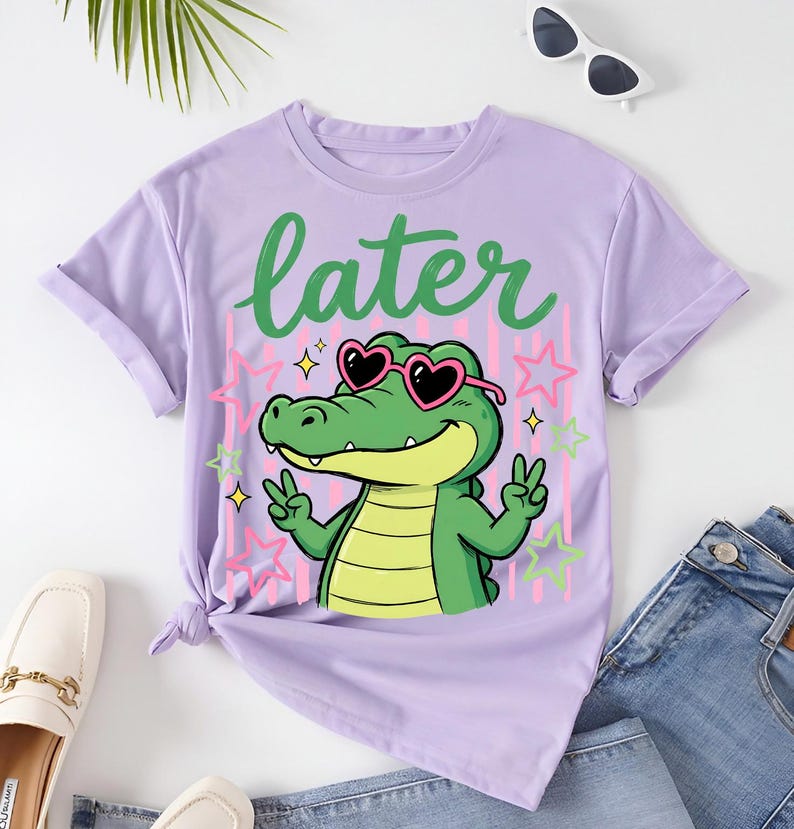 Summer sublimation PNG with funny green gator, heart sunglasses, and Later Gator text for t-shirt design