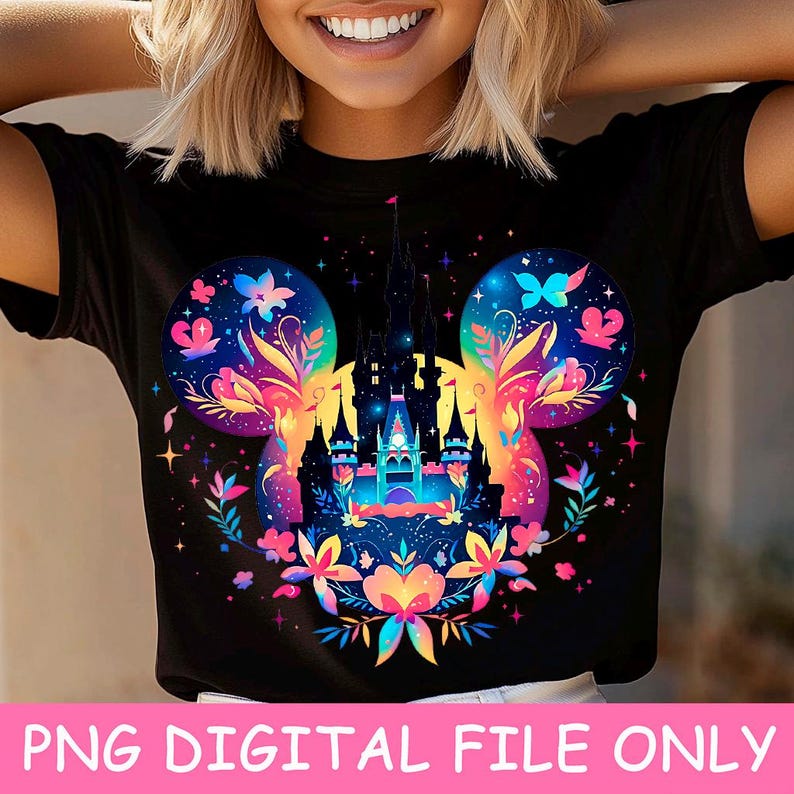 May include: A black t-shirt with a colorful graphic of Cinderella's castle inside Mickey Mouse ears. The castle is surrounded by flowers and butterflies.