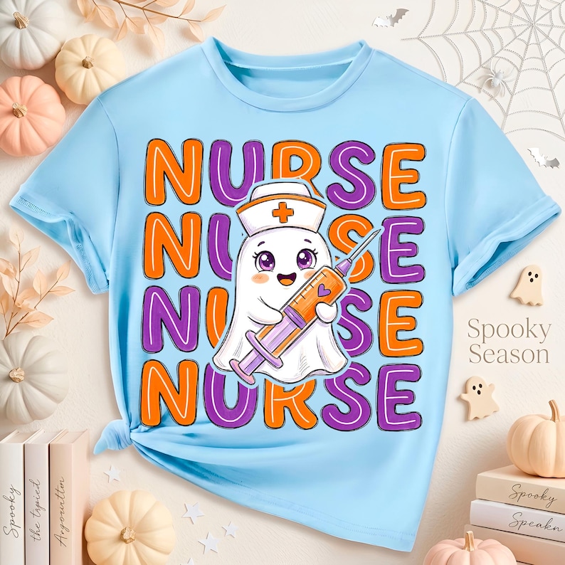 Cute Halloween Nurse Shirt PNG with ghost character, syringe, orange and purple lettering for sublimation printing