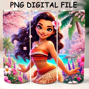 May include: A digital file for a sublimation design featuring a cartoon image of a Polynesian princess with long dark hair, wearing a brown and orange dress with a floral pattern. The background is a colourful tropical scene with pink flowers and palm trees.