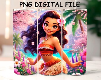 Moana Tumbler Wrap: Sparkle Tropical Flowers Sublimation Design (PNG Digital File)