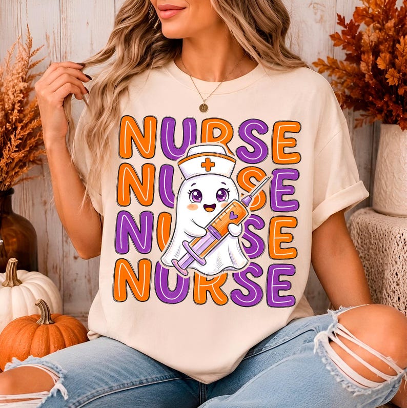 Cute Nurse Ghost PNG sublimation design with Halloween ghost wearing nurse hat holding syringe for spooky season shirt