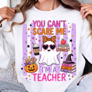 Coquette teacher ghost PNG shirt with pumpkin coffee and colorful spooky season artwork