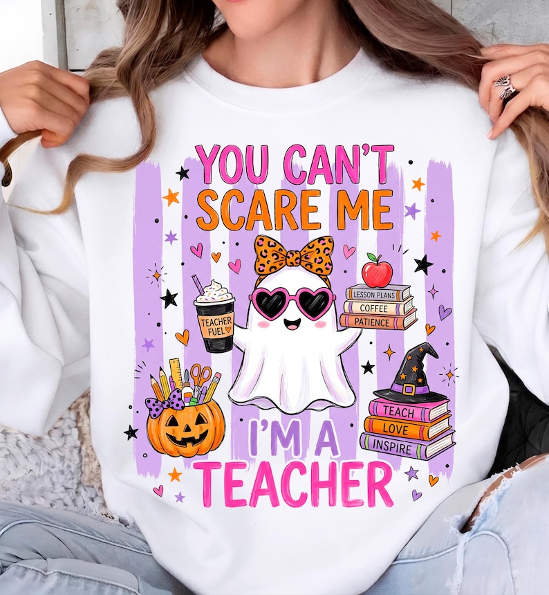 Coquette teacher ghost PNG shirt with pumpkin coffee and colorful spooky season artwork