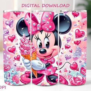 A pink tumbler featuring Minnie Mouse holding a pink ice cream cone. The design includes hearts, flowers, diamonds. The tumbler has a pink background with a repeating pattern of hearts and flowers.