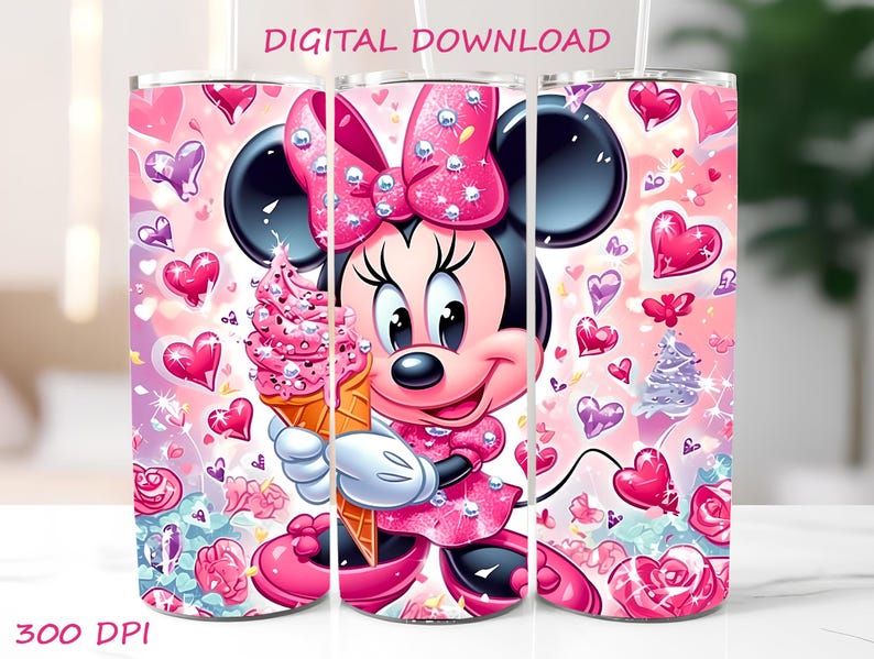 A pink tumbler featuring Minnie Mouse holding a pink ice cream cone. The design includes hearts, flowers, diamonds. The tumbler has a pink background with a repeating pattern of hearts and flowers.