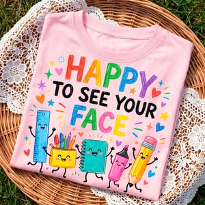 May include: A light pink t-shirt featuring the text HAPPY TO SEE YOUR FACE in colorful letters. Below the text are cartoon illustrations of a blue ruler, a yellow pencil holder with pens, a green notebook, a pink marker, and a yellow pencil.
