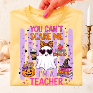Cute teacher ghost PNG for sublimation featuring school books coffee pumpkin and Halloween theme
