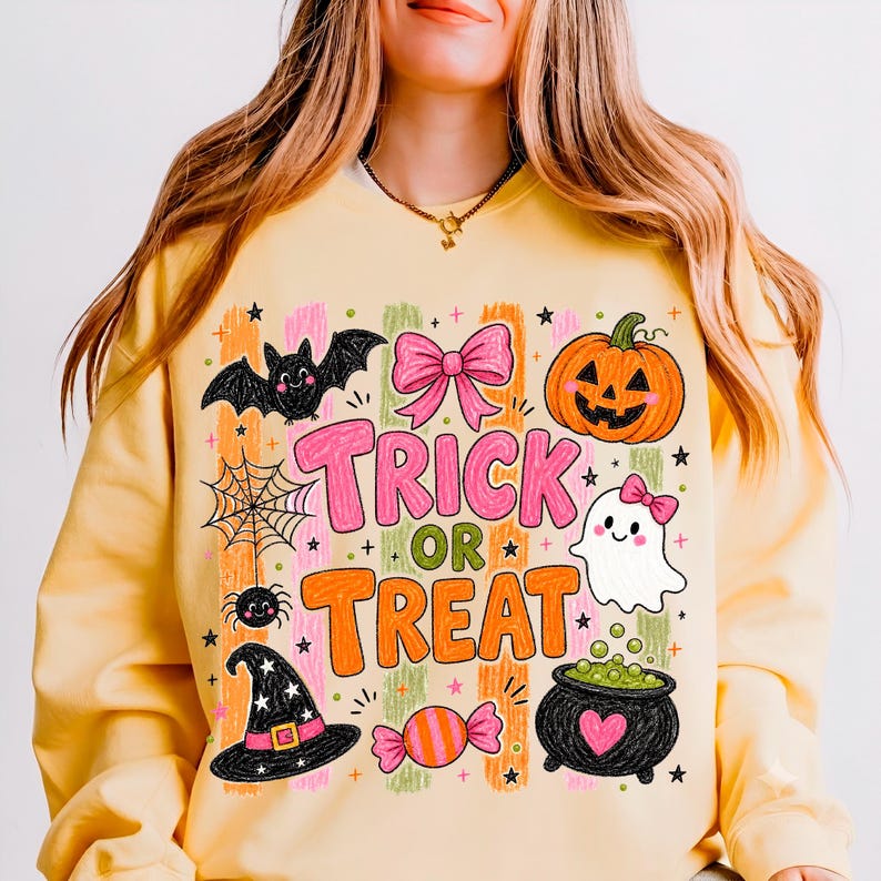May include: A pale yellow long-sleeve sweatshirt featuring a colourful Halloween graphic with the text TRICK OR TREAT. The design includes a black bat, a pink bow, an orange pumpkin, a spider web, a white ghost, a witch hat, and a black cauldron.