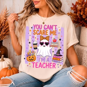 Teacher life PNG artwork for fall classroom apparel with spooky ghost and Halloween decorations