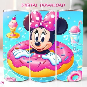 May include: A tumbler featuring Minnie Mouse in a pink donut floatie, surrounded by ice cream and bubbles against a blue water background. The tumbler has the text "DIGITAL DOWNLOAD" and "300 DPI".