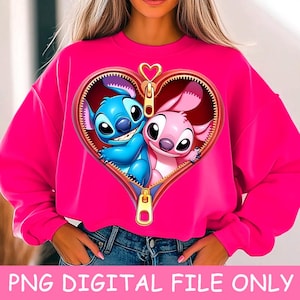 Stich und Engel Herz Reißverschluss Png, Niedliches Stich und Engel Png Design, Stich und Engel Clipart, Stich Liebe Design, Cartoon Sublimationsdesign
